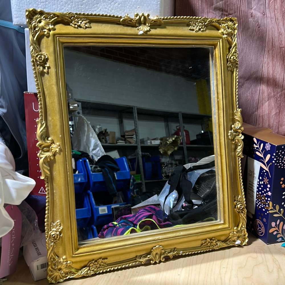 NIB Ornate 12” x 10” Decorative Golden Mirror, Wall Mounted Makeup Mirror